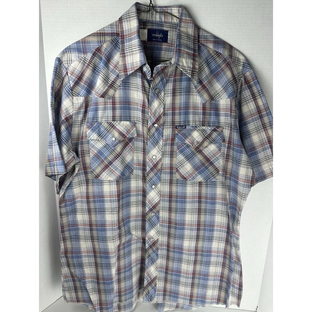 VTG Wrangler Pearl Snap Short Sleeve Plaid Shirt Men's Pocket Logo Large